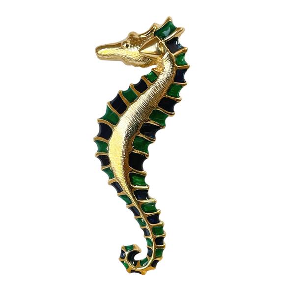 1980s Green & Blue Enamel on Gold Plated Seahorse Sea Creature Beach Pin Brooch - Picture 3 of 3